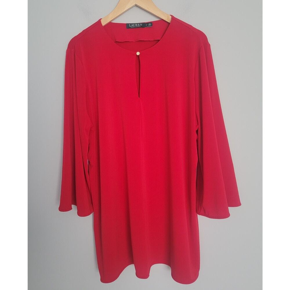 Lauren Ralph Lauren Womens 2X Tunic Keyhole Neck Flare Sleeve Red